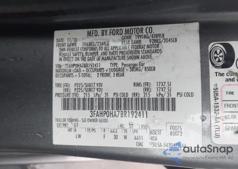 2011 Ford Fusion Se из США, поврежденный, VIN 3FAHP0HA7BR192411